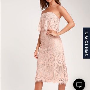Lulus Delia Blush Pink Lace Strapless Midi Dress